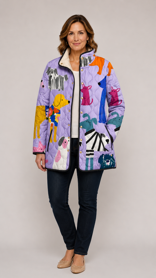 Veste matelassée multicolore imprimée de chiens, fermeture boutonnée