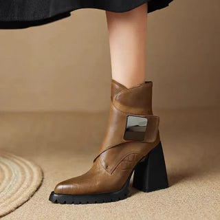 Bottines à talon bloc camel pour femme, sangle décorative carrée et semelle crantée