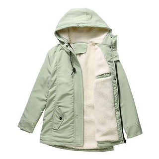 Parka FROSTHAVEN vert menthe à capuche, doublure sherpa, fermeture zippée, poches