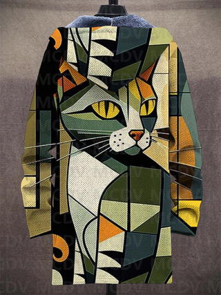 Sweat à capuche zippé motif chat abstrait vert, bleu et jaune, capuche bleu foncé.