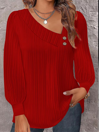 Pull en tricot Judith™ pour femmes rouge, encolure en V, boutons décoratifs, manches longues bouffantes.