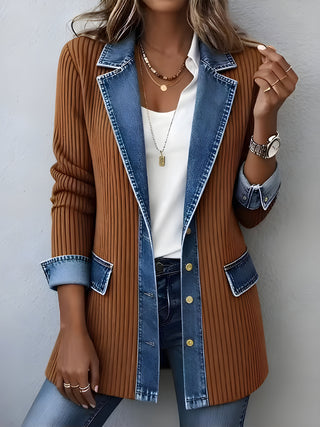 Veste en jean Luna™ : empiècements côtelés marron, col et boutons en denim