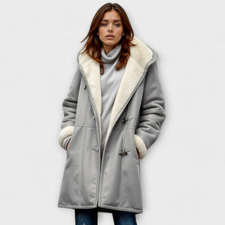 Manteau gris à col en fourrure synthétique, doublure douce, poches plaquées