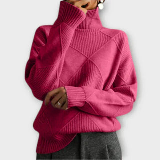 Pull à col haut confortable en maille côtelée rose fuchsia, motif losanges croisés
