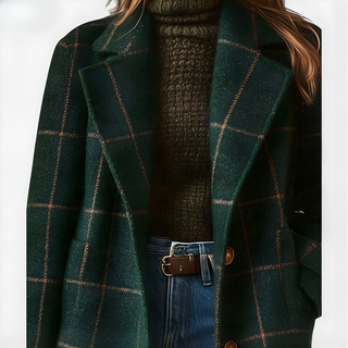 Manteau long en tweed à carreaux vert foncé et lignes dorées, boutons sur l’avant