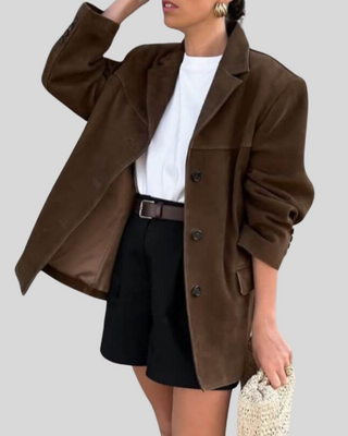 Blazer vintage marron à manches longues, boutonnage central, col cranté