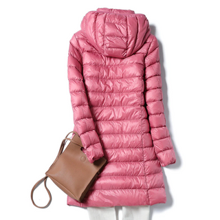 Veste longue duvet rose fuchsia, capuche zippée, matelassage