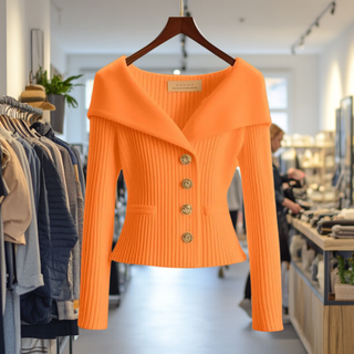 Cardigan en tricot orange à manches longues, col croisé et boutons nacrés.
