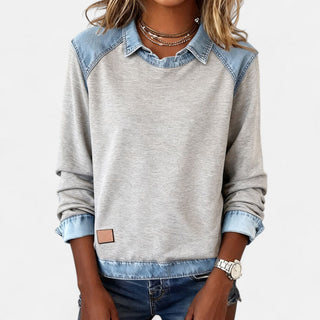 Pull femme gris clair, col superposé en denim et poignets avec empiècement
