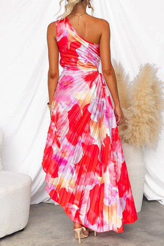 Robe Plissée à Une Épaule avec Motif Floral – Élégante & Féminine