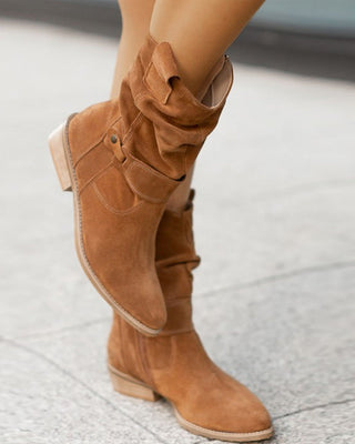 Bottes en suède pour femme avec tige plissée et bride décorative