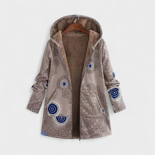 Veste chaude à capuche beige, motifs ronds bleu, doublure marron, fermeture éclair