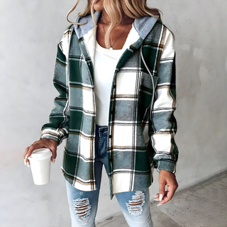 Veste à carreaux vert et blanc, col chemise, manches longues, boutons pression