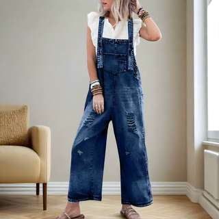 Combinaison en jean bleu à bretelles réglables, jambes larges, délavage vintage
