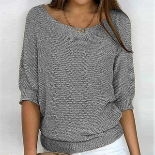 Pull à maille confortable gris, encolure ronde, manches trois-quarts, bord côte