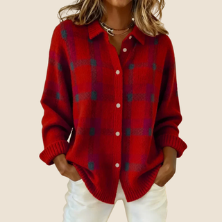 Pull à carreaux rétro rouge, boutonné et col chemise, poignets côtelés, manches longues