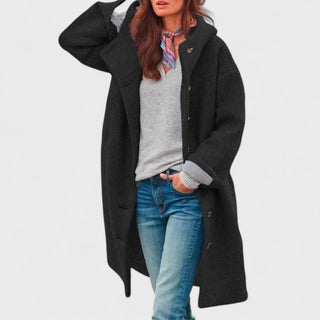 Manteau long en laine à capuche, noir, fermeture boutonnée, poches latérales