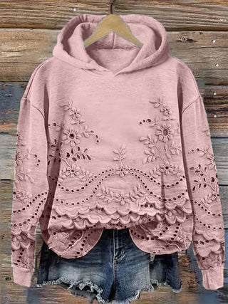 Sweat à capuche rose pour femme, broderie florale et ourlet festonné