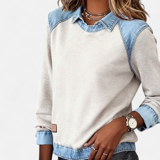 Pull femme beige à col en jean superposé, manches longues, étiquette cuir au bas