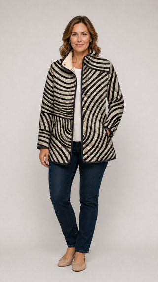 Veste matelassée MARIAH™ à rayures zébrées noir et blanc, fermeture boutonnée, poches