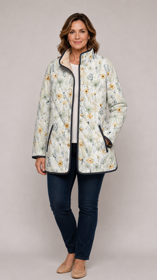 Veste matelassée à imprimé floral multicolore, fermeture zippée et manches longues