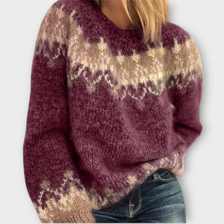 Pull en coton tricoté bordeaux à motifs jacquard, encolure ronde