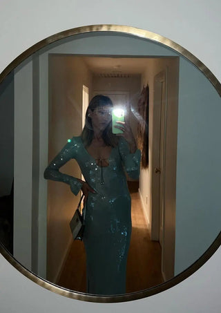 Maya | Robe à Paillettes Mint avec Manches Longues