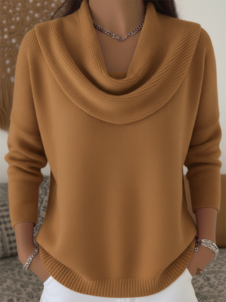 Pull femme col boulé camel, manches longues, coupe ample