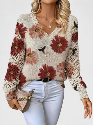 Pull en maille rouge à motif floral, encolure V, manches ajourées