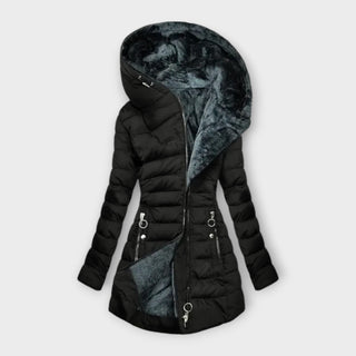 Veste matelassée noire à capuche doublée de fourrure, fermeture zippée et poches