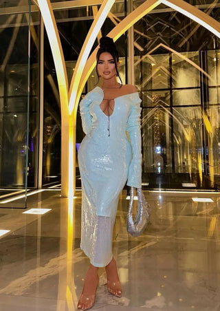Maya | Robe à manches longues en tulle brillant vert menthe pour femmes