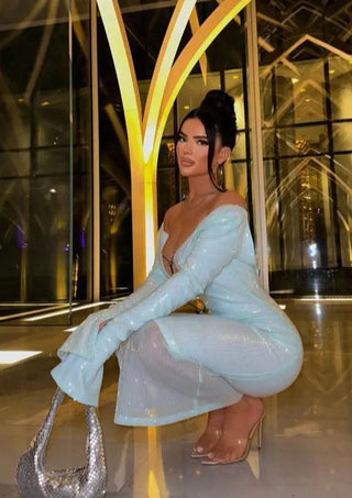 Maya | Robe à Paillettes Mint avec Manches Longues