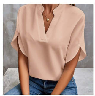 Blouse beige à col V, manches courtes évasées, tissu fluide