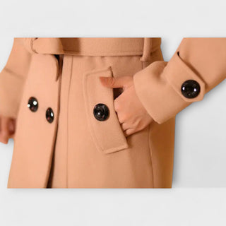 Détail manteau d’hiver camel : boutons ronds, poches plaquées et patte de fermeture