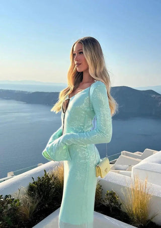 Maya | Robe à manches longues en tulle brillant vert menthe pour femmes