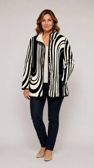 Veste matelassée décontractée noire et blanche à motifs géométriques, boutons dorés