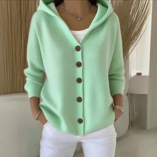 Cardigan NYLAH™ vert menthe à capuche, boutonnage devant et manches 3/4 côtelées