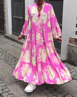 Robe Maxi avec Imprimé, Manches Volantes & Col Montant – Élégante & Aérée