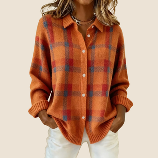 Pull à carreaux rétro bleu, boutonné devant et col chemise, manches longues
