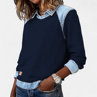 Pull femme bleu foncé à col superposé en denim, manches longues