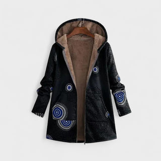Veste chaude à capuche noire, motifs ronds bleu, doublure marron, fermeture éclair