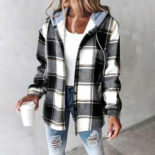 Veste à carreaux gris et blanc, col chemise, manches longues, boutons pression