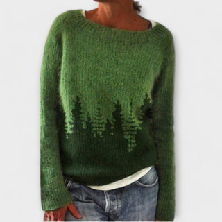 Pull vert en maille, col rond, grand motif sombre façon paysage