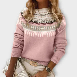 Pull en maille rose clair à motif jacquard au col et au buste