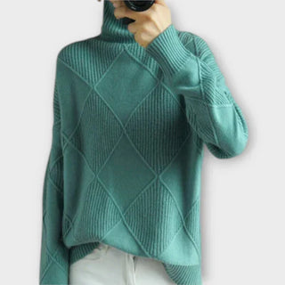 Pull à col haut confortable en maille côtelée turquoise, motif losanges croisés