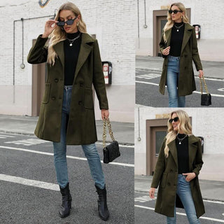 Manteau en laine vert olive, coupe mi-longue, col à revers et poches