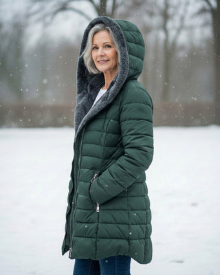 Manteau d’hiver matelassé vert foncé à capuche, fermeture zippée, poches latérales