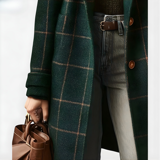 Manteau long en tweed à carreaux vert foncé, manches retroussées, fermeture boutonnée