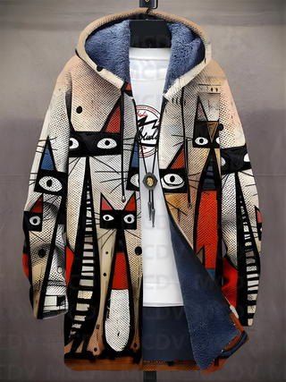 Sweat à capuche zippé à motif chat abstrait, capuche doublée bleu foncé, fermeture éclair.