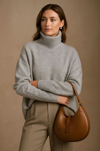 Pull en tricot col roulé gris, manches longues, bords côtelés